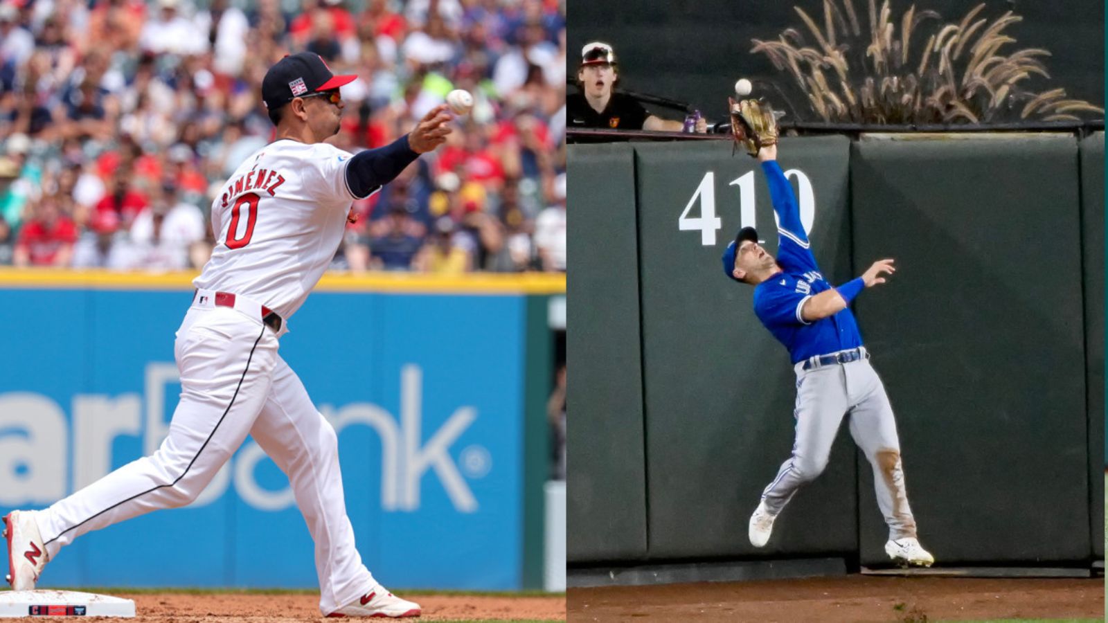 Andres Gimenez, in a whit jersey, makes a throw to first base to complete a doule play. Daulton Varsho, wearing a blue jersey, reaches up to make a catch by the outfield fence.