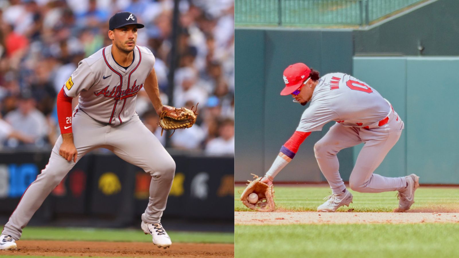 Braves first baseman Matt Olson gets ready to field a ball in the left half of the picture. Cardinals shortstop Masyn Winn backhands a ball in the other half of the picture.