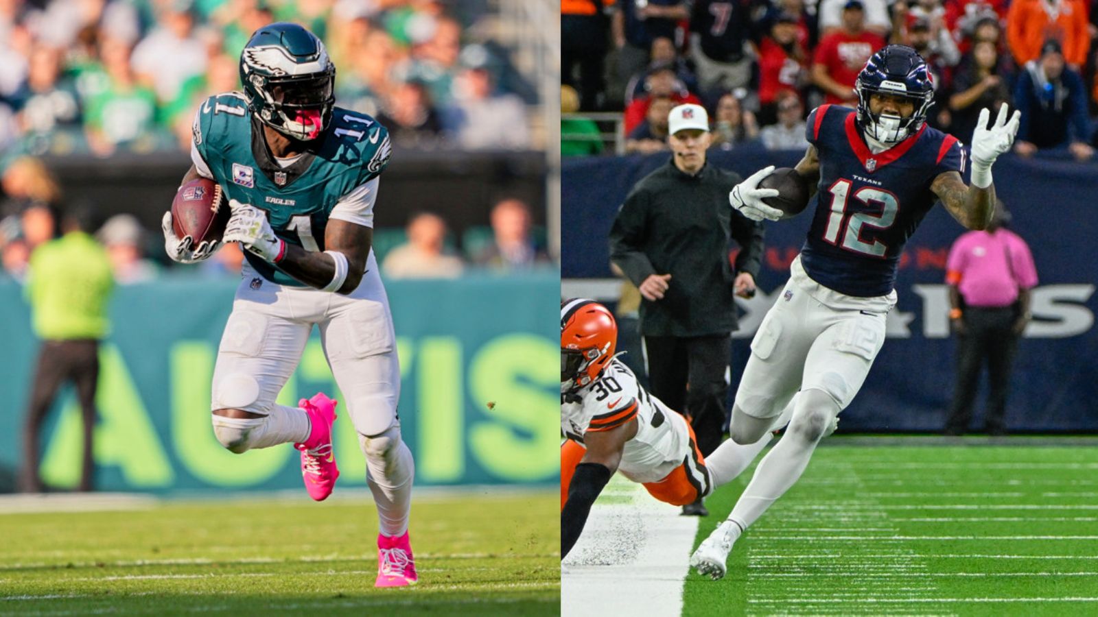 In 2 separate pictures, A.J. Brown of the Eagles and Nico Collins of the Texans both run upfield after making a catch.