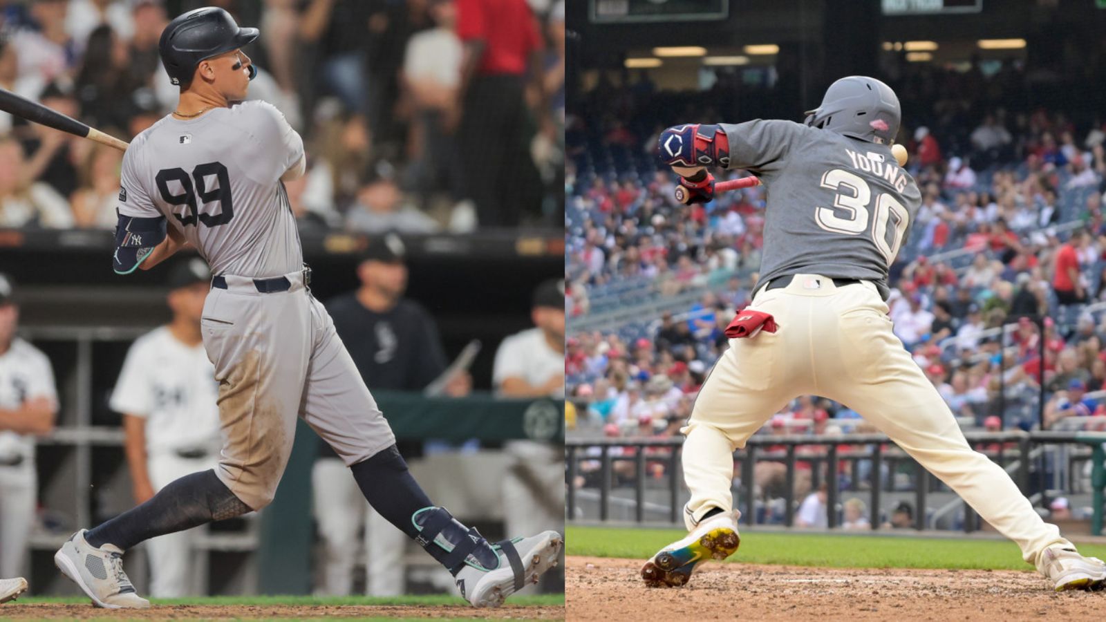 Split photo- Aaron Judge takes a big swing that results in a home run. The other photo is Jacob Young laying down a bunt.