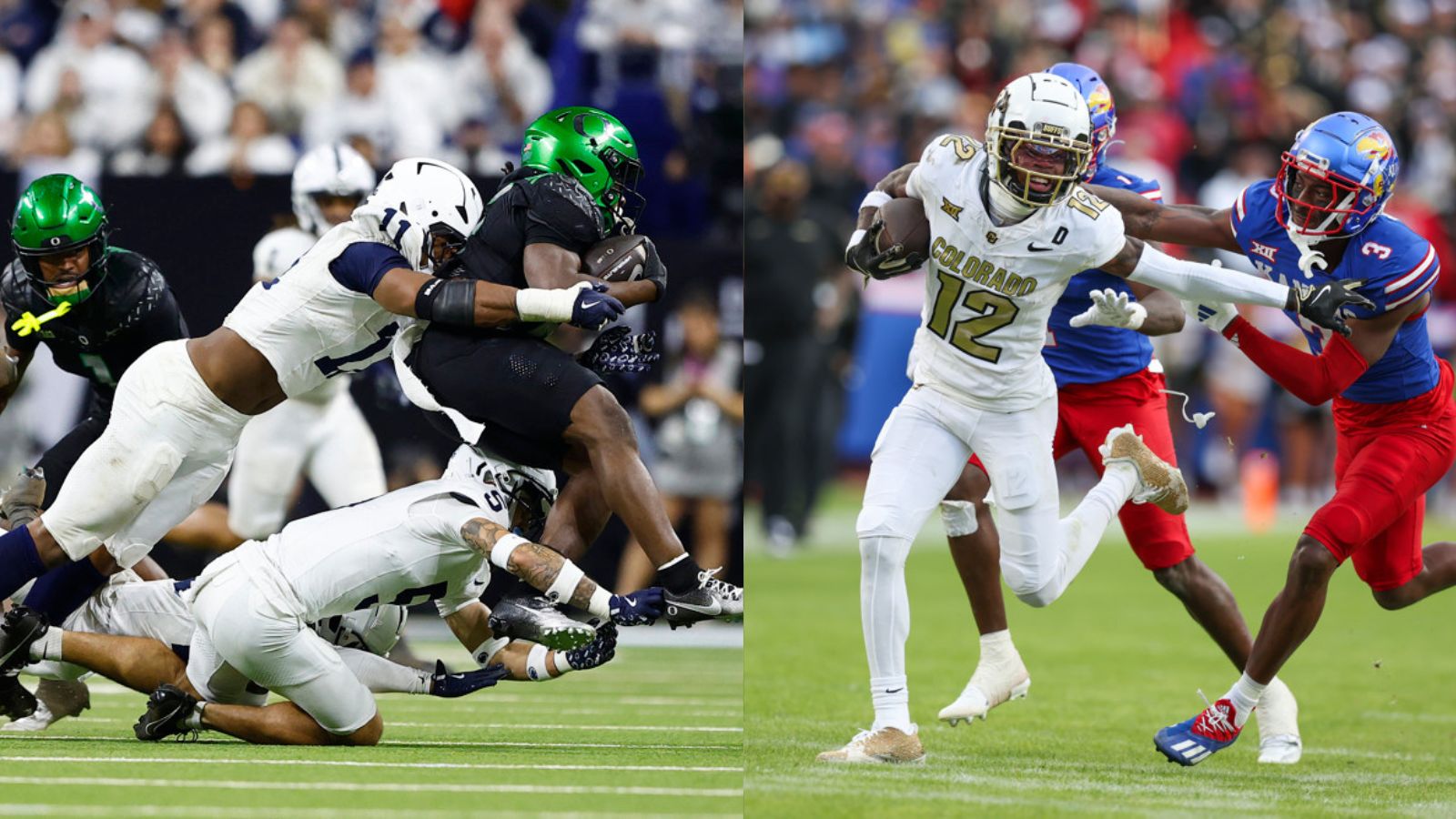 2 photos- Abdul Carter makes a punishing tackle for Penn State and Travis Hunter, ball tucked under his right shoulder, runs upfield for Colorado.