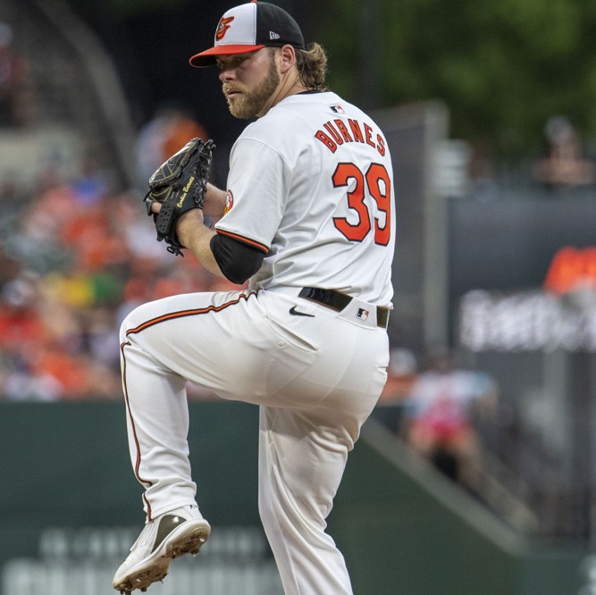 Corbin Burnes prepares to throw a pitch, lifting his left leg up.