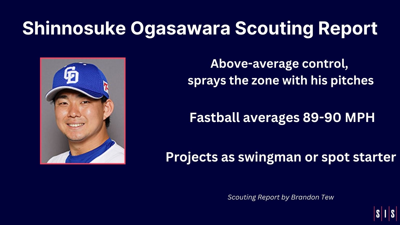 Shinnosuke Ogasawara Scouting Report Projects as swingman or spot starter Fastball averages 89-90 MPH Above-average control, sprays the zone with his pitches Scouting Report by Brandon Tew