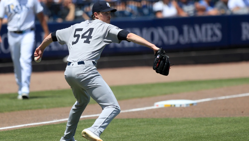 Max Fried prepares to throw to first base from the right of the pitcher's mound
