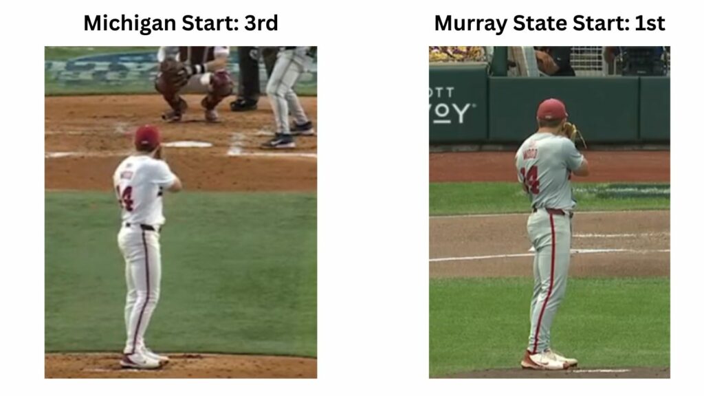 2 images. On the left, Wood stands with his feet in the center of the pitching rubber. On the right, he stands with his feet on the 3rd base side of the rubber.