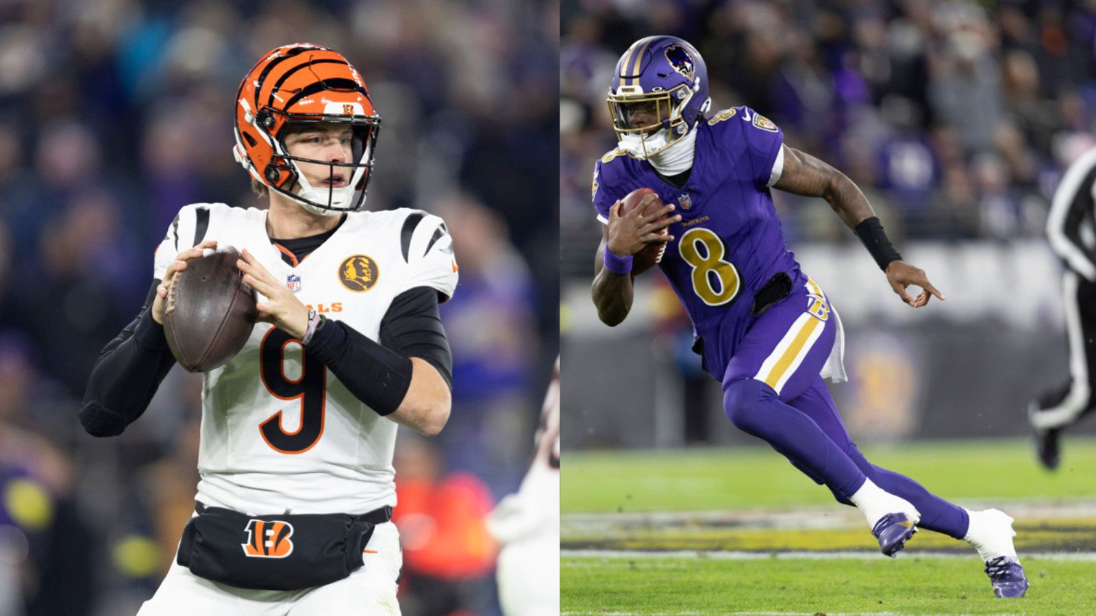 2 images- One is Joe Burrow, white jersey, orange striped helmet, holding the football with 2 hands as he looks to pass. The other is Lamar Jackson in a purple jersey sprinting to avoid getting tackled.