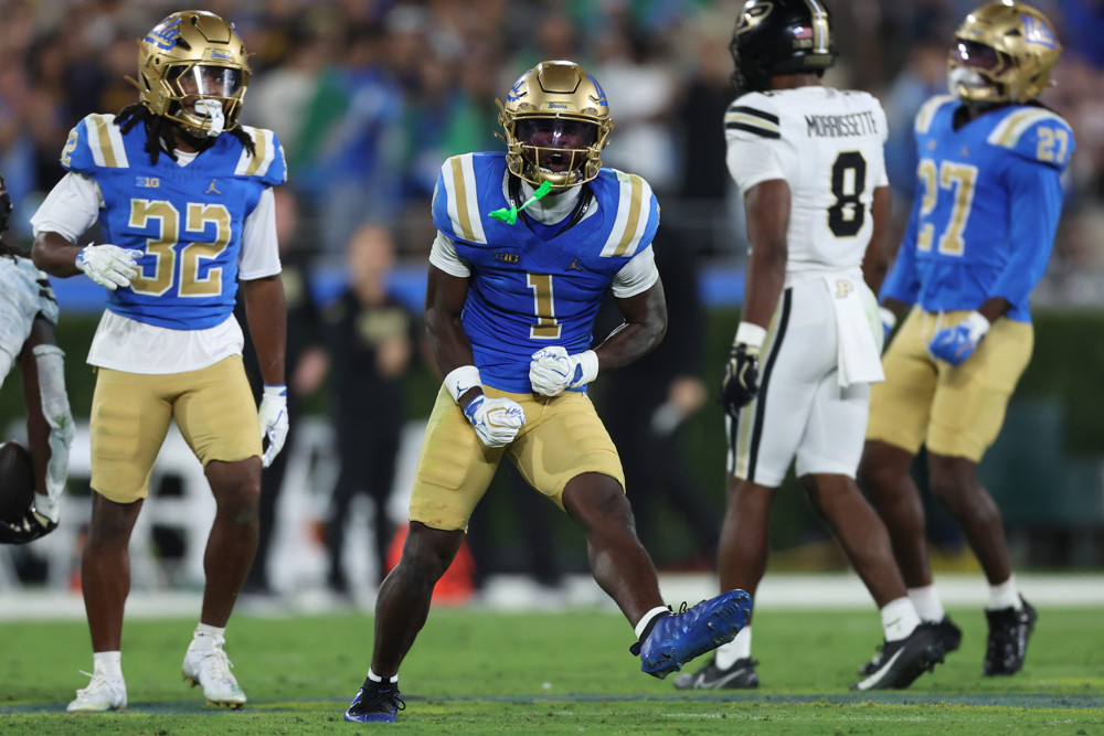 UCLA cornerback Scooter Jackson celebrates after a play